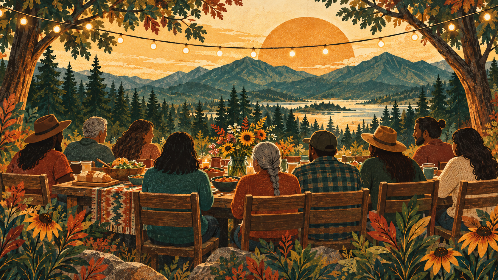 Illustrated community potluck table at golden hour in a mountain setting