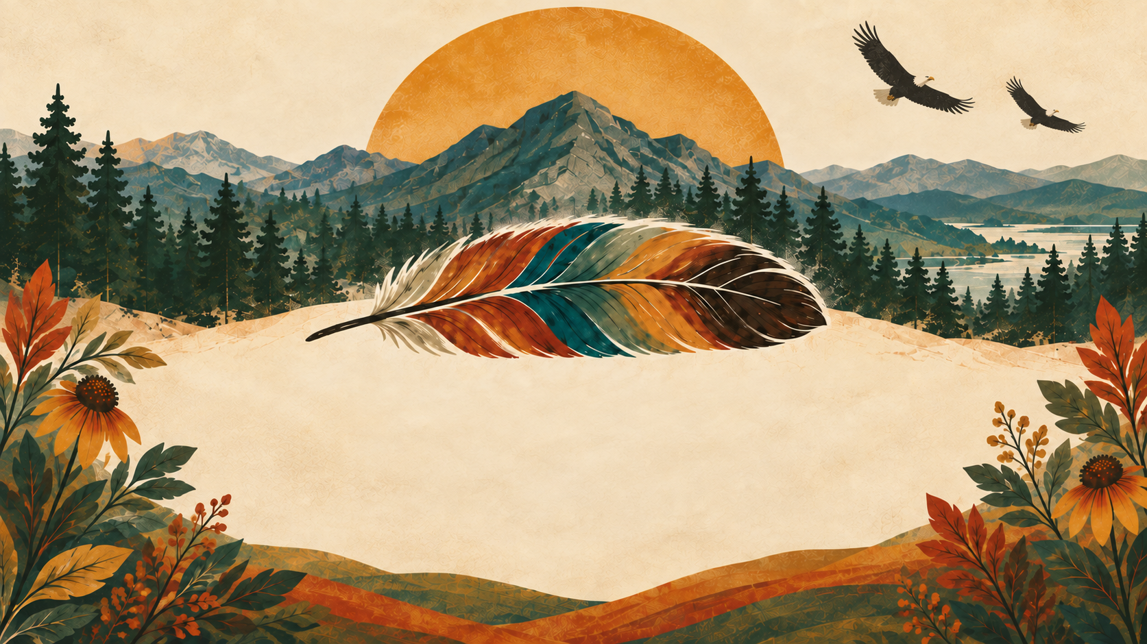 Illustrated autumn mountains, evergreens, two flying eagles, a golden sun, and a colorful feather